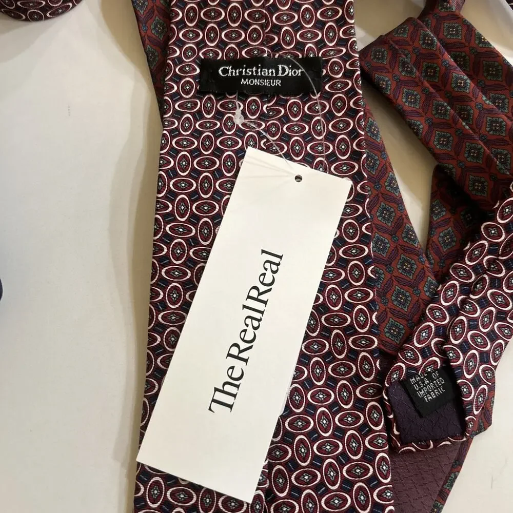 Vtg Christian Dior‎ Monsieur Men’s Tie 3.75” Red Geometric Italian Silk Fabric